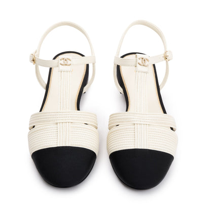 Chanel 2023 White/Black Lambskin Interlocking CC Logo Slingback Flats, Size 38