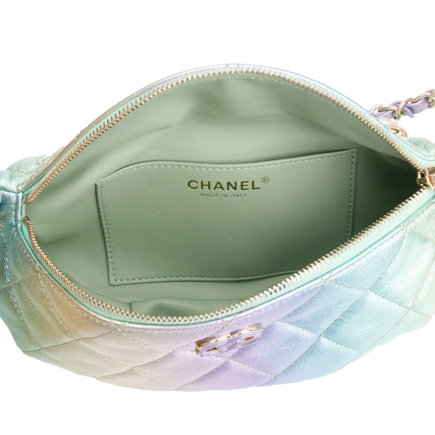 Chanel 2024 Iridescent Rainbow Metallic Quilted Calfskin Leather Belt Bag