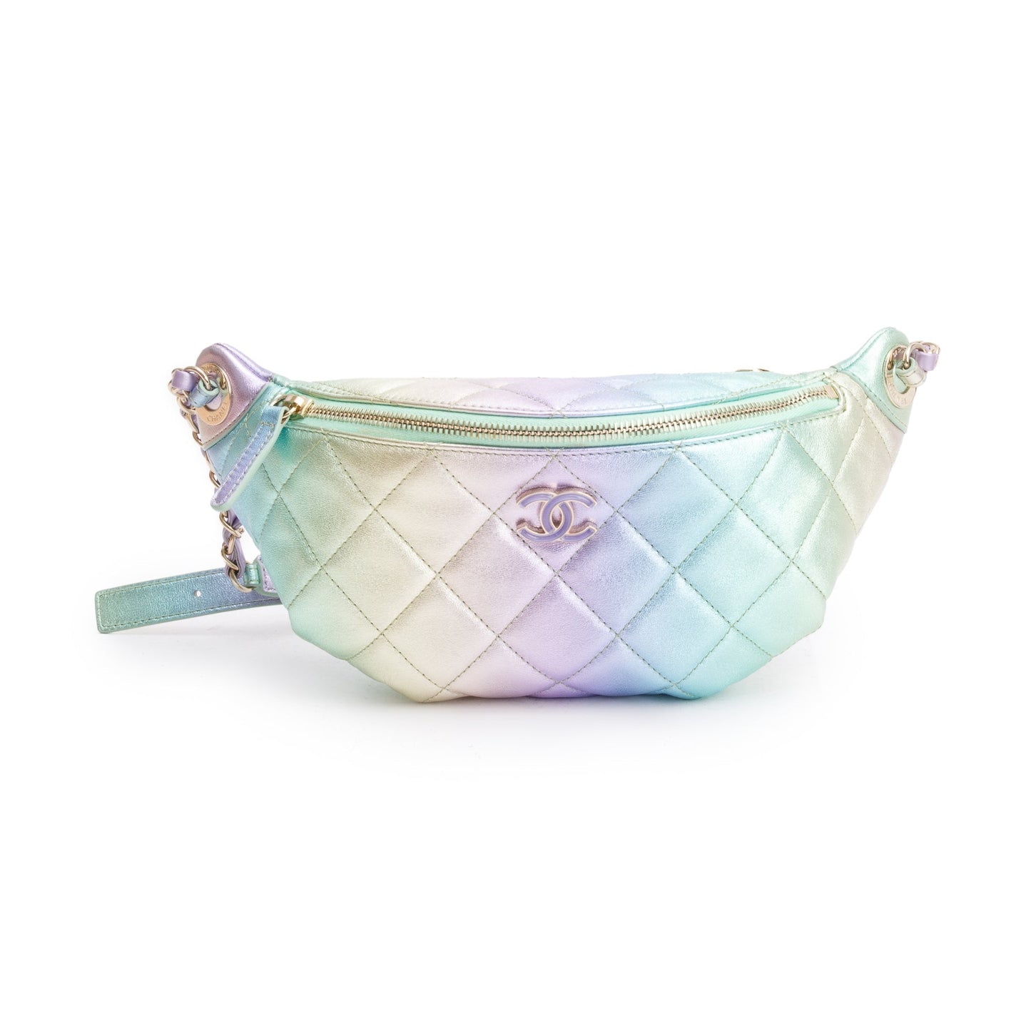 Chanel 2024 Iridescent Rainbow Metallic Quilted Calfskin Leather Belt Bag