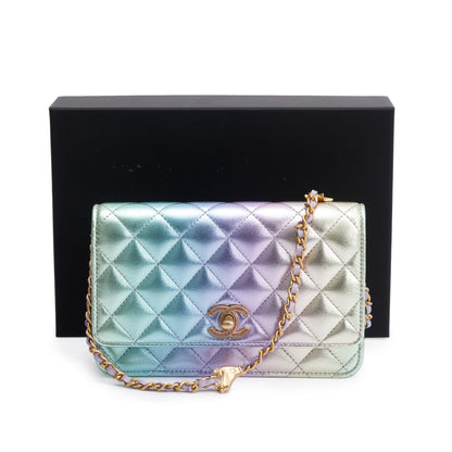 Chanel 2024 Metallic Multicolor Rainbow Lambskin Leather Strass Wallet on Chain
