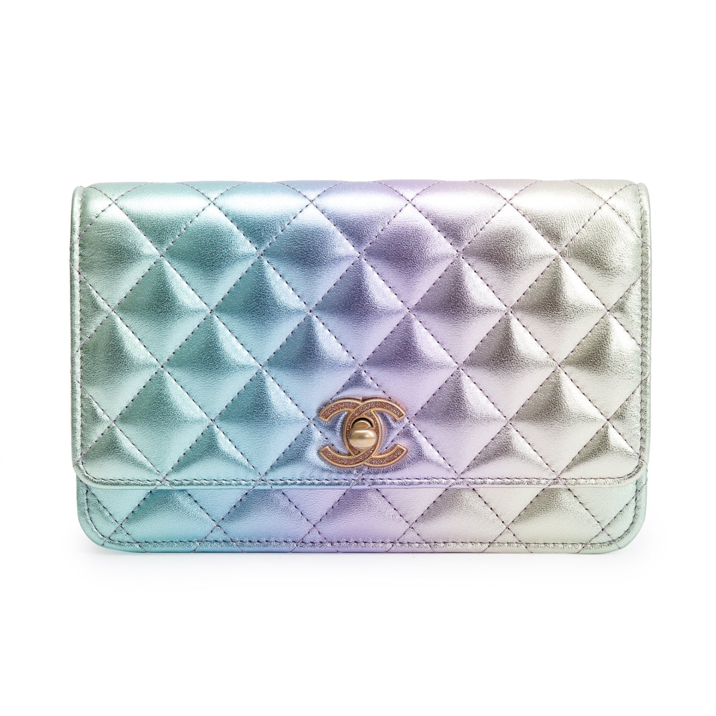 Chanel 2024 Metallic Multicolor Rainbow Lambskin Leather Strass Wallet on Chain