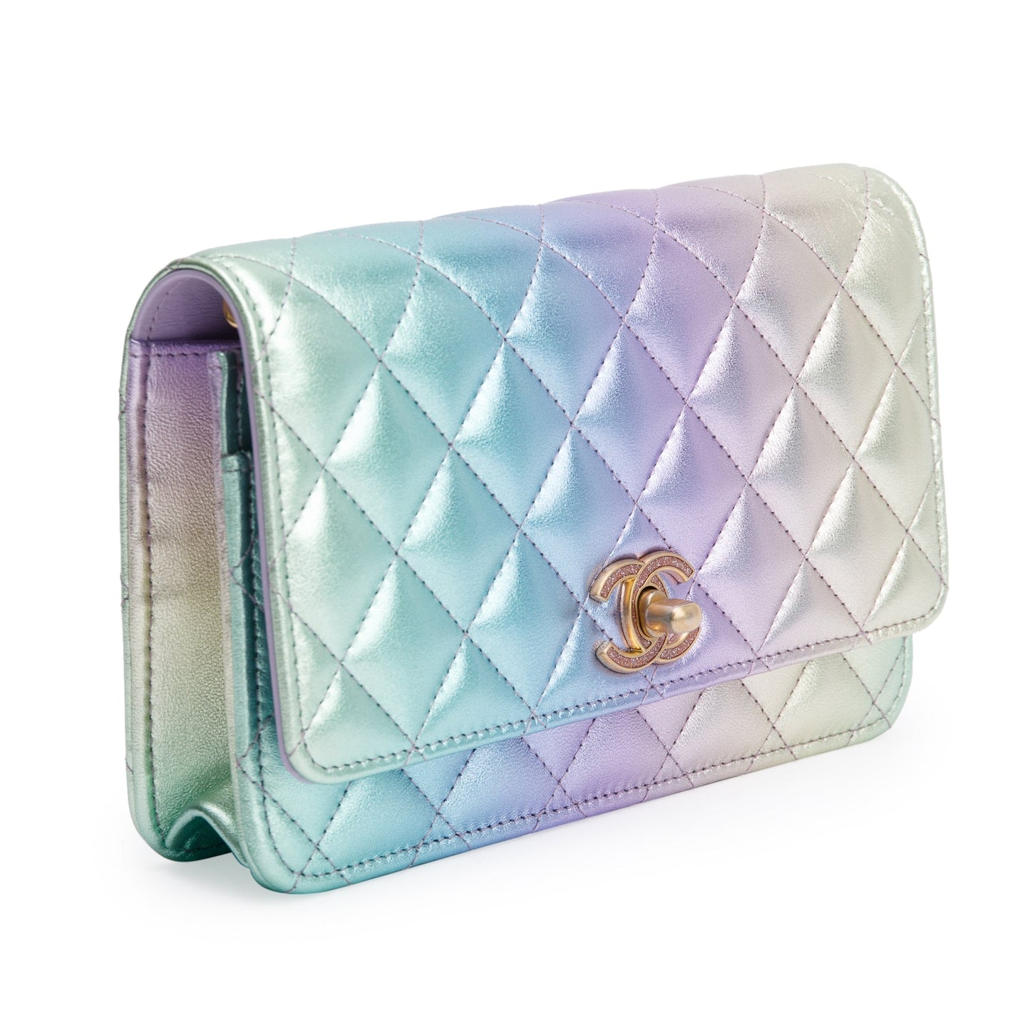 Chanel 2024 Metallic Multicolor Rainbow Lambskin Leather Strass Wallet on Chain