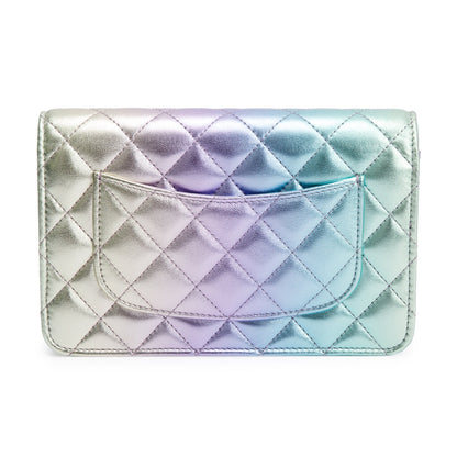 Chanel 2024 Metallic Multicolor Rainbow Lambskin Leather Strass Wallet on Chain