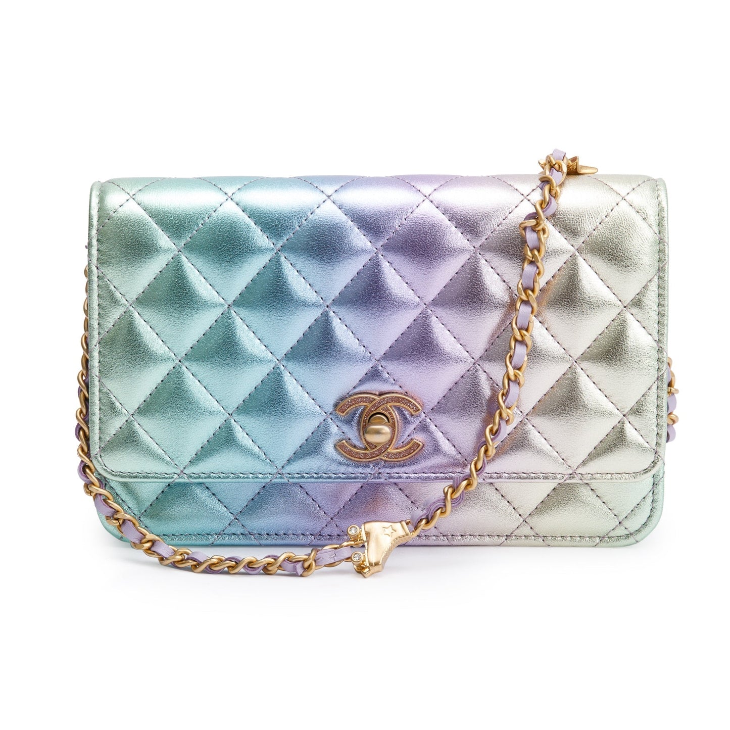Chanel 2024 Metallic Multicolor Rainbow Lambskin Leather Strass Wallet on Chain