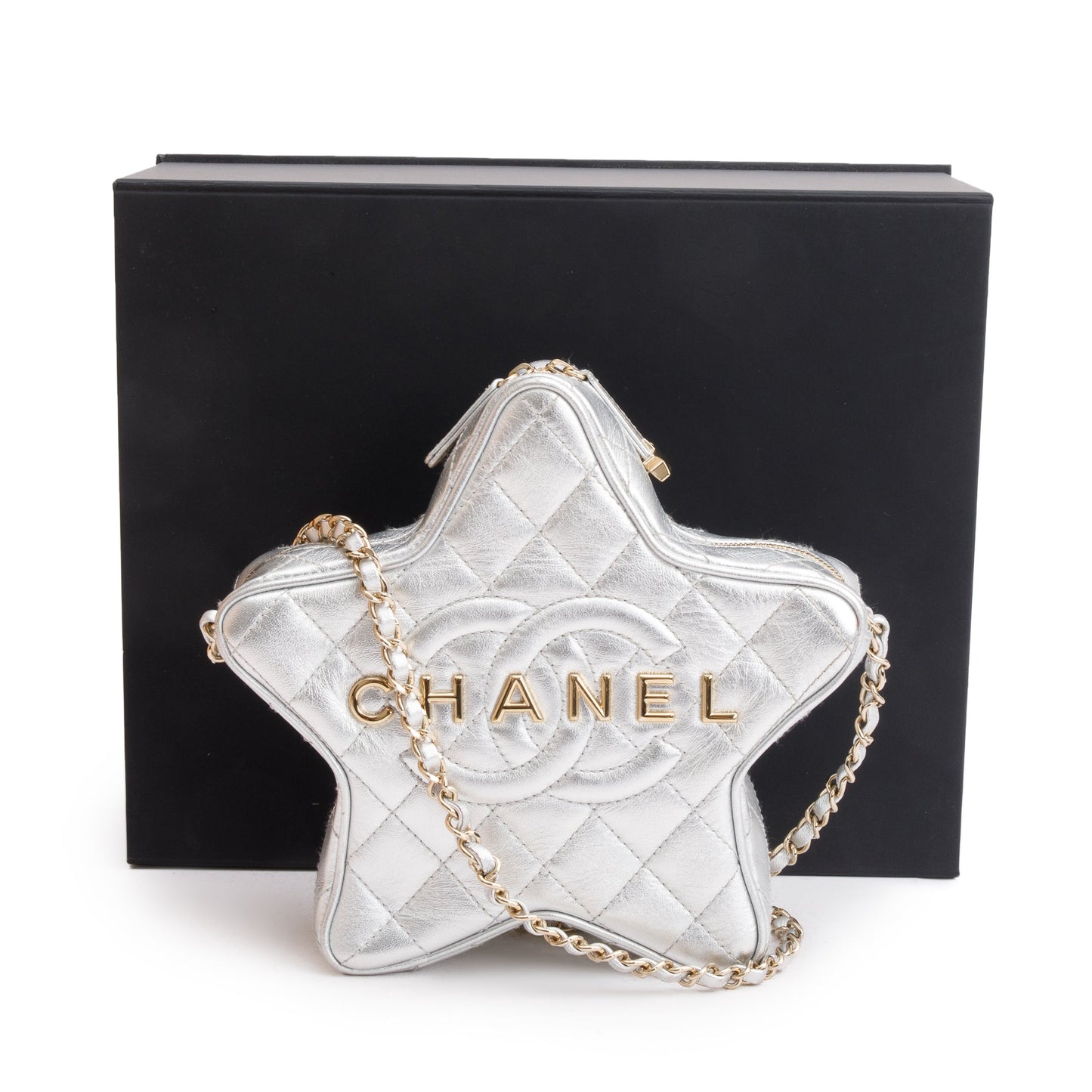Chanel 2024 Metallic Silver Leather Walk Of Fame Star Crossbody Bag