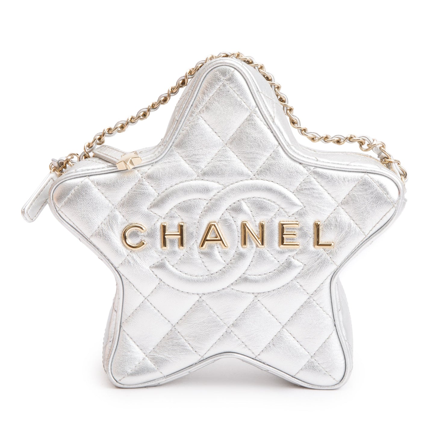 Chanel 2024 Metallic Silver Leather Walk Of Fame Star Crossbody Bag