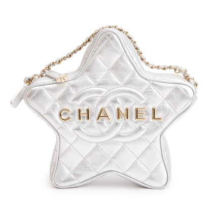 Chanel 2024 Metallic Silver Leather Walk Of Fame Star Crossbody Bag