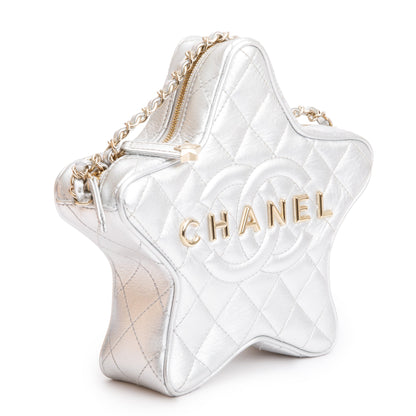 Chanel 2024 Metallic Silver Leather Walk Of Fame Star Crossbody Bag