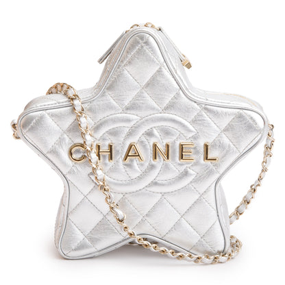 Chanel 2024 Metallic Silver Leather Walk Of Fame Star Crossbody Bag