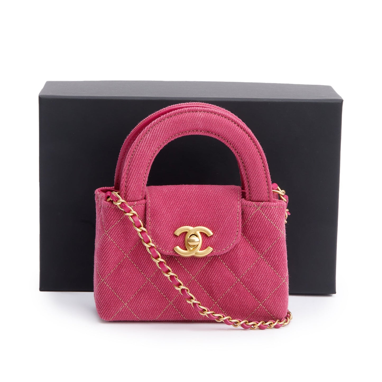 Chanel 2024 Pink Quilted Denim Nano Kelly Crossbody Bag