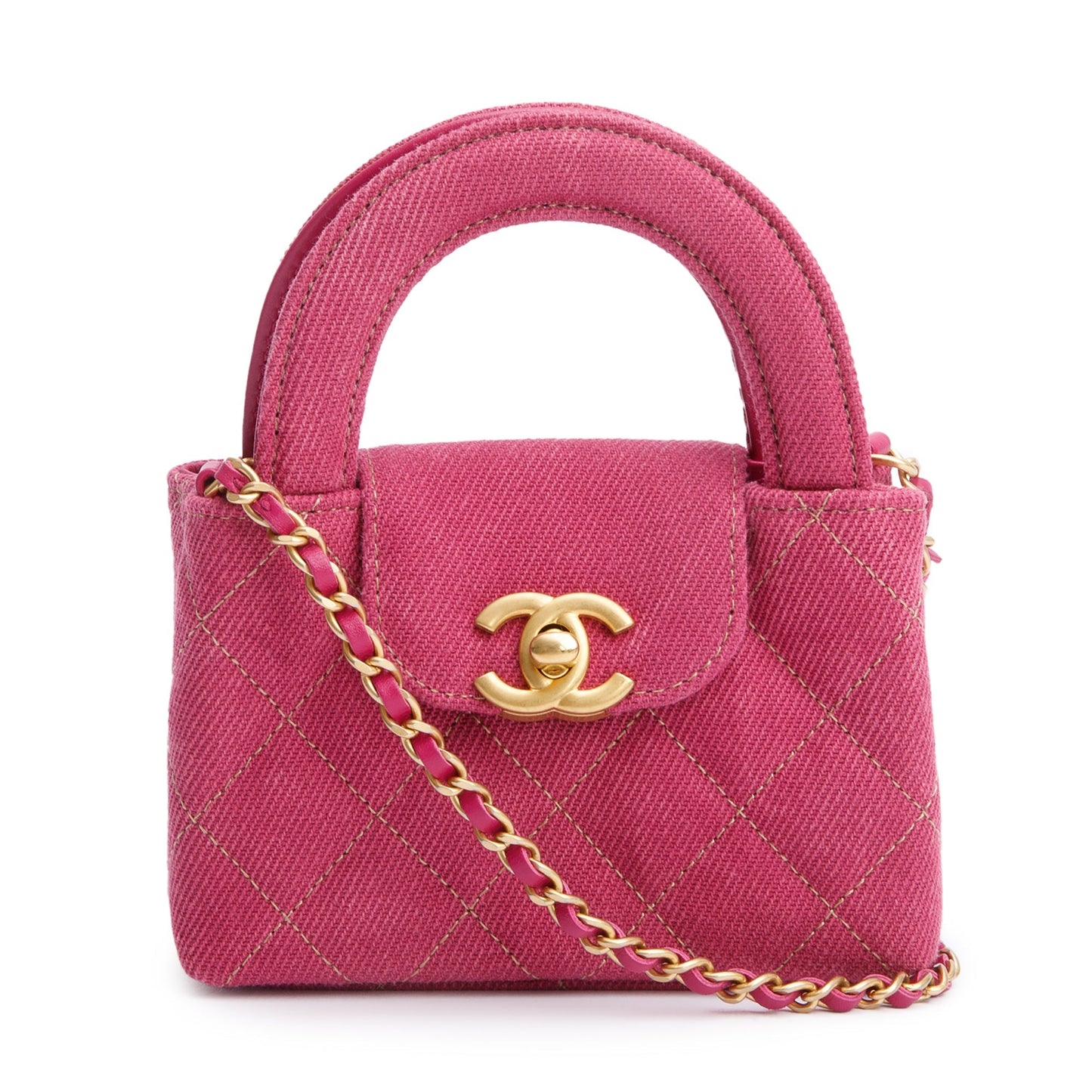Chanel 2024 Pink Quilted Denim Nano Kelly Crossbody Bag