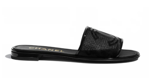 CHANEL 21S MESH PATENT LEATHER CC LOGO SLIDE SANDALS
