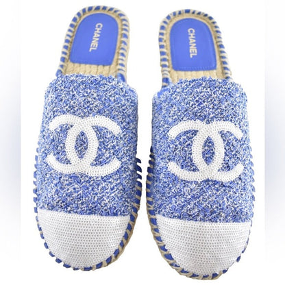 CHANEL TWEED SEQUIN CC LOGO BACKLESS ESPADRILLES