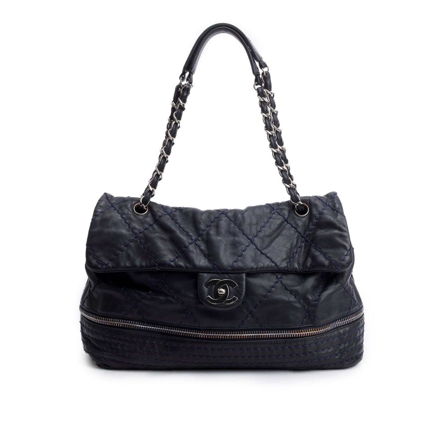 Chanel Navy Quilted Stitched Calfskin Leather Expandable Ligne Flap Bag