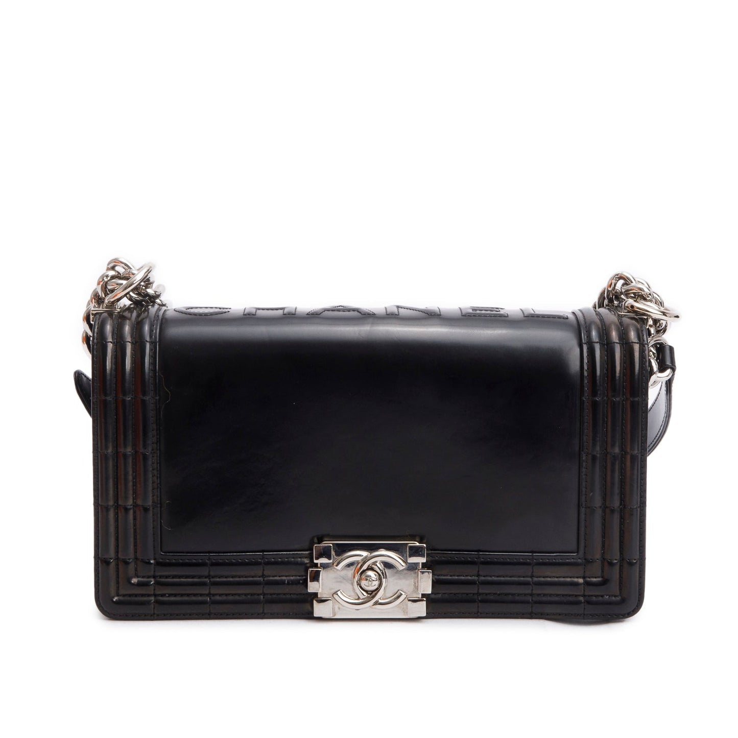 Chanel Black Patent Leather Original Clasp Medium Boy Flap Bag