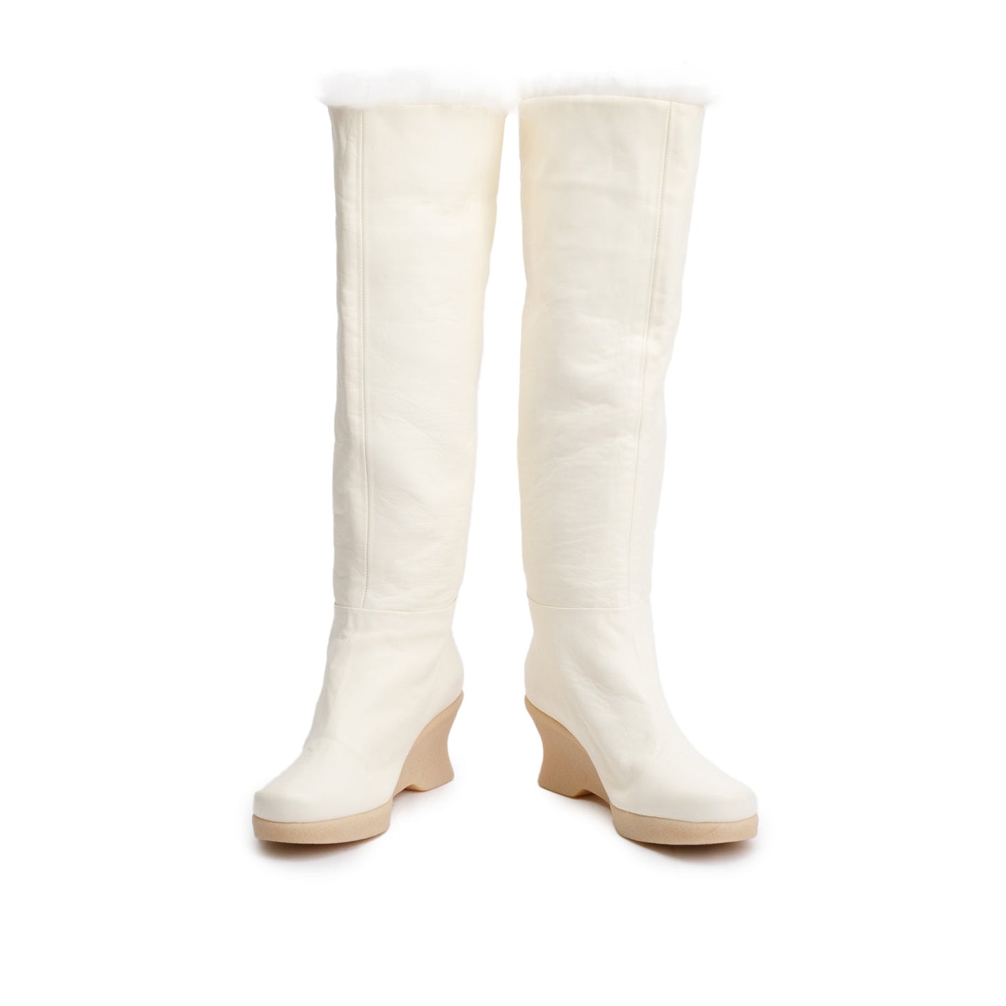 Chanel White Leather Faux Fur Interlocking CC Logo High Boots, Size 36