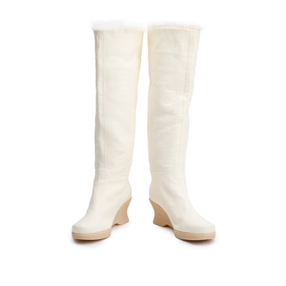 Chanel White Leather Faux Fur Interlocking CC Logo High Boots, Size 36