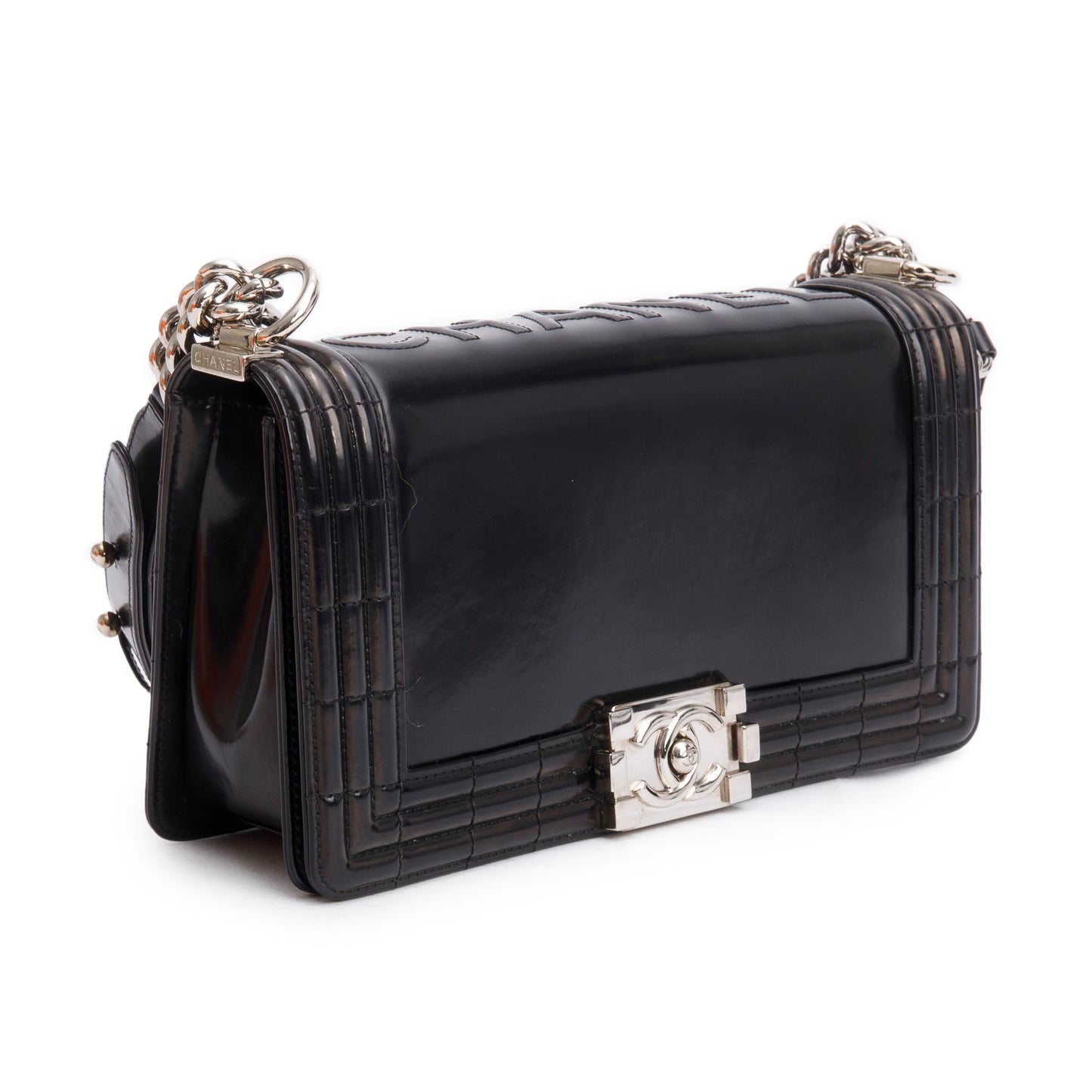 Chanel Black Patent Leather Original Clasp Medium Boy Flap Bag