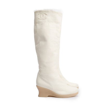 Chanel White Leather Faux Fur Interlocking CC Logo High Boots, Size 36