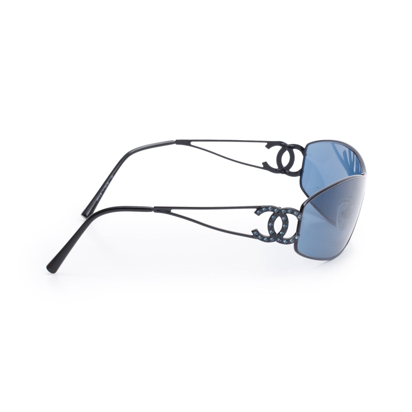 Chanel 4073-B Black Metal Strass CC Logo Oval Sunglasses