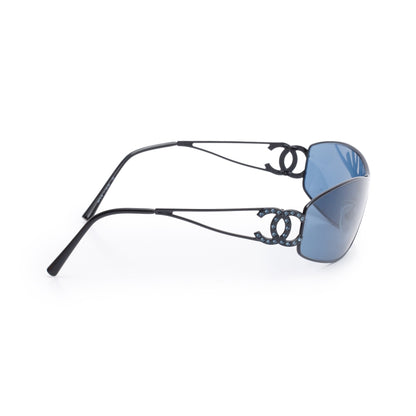Chanel 4073-B Black Metal Strass CC Logo Oval Sunglasses