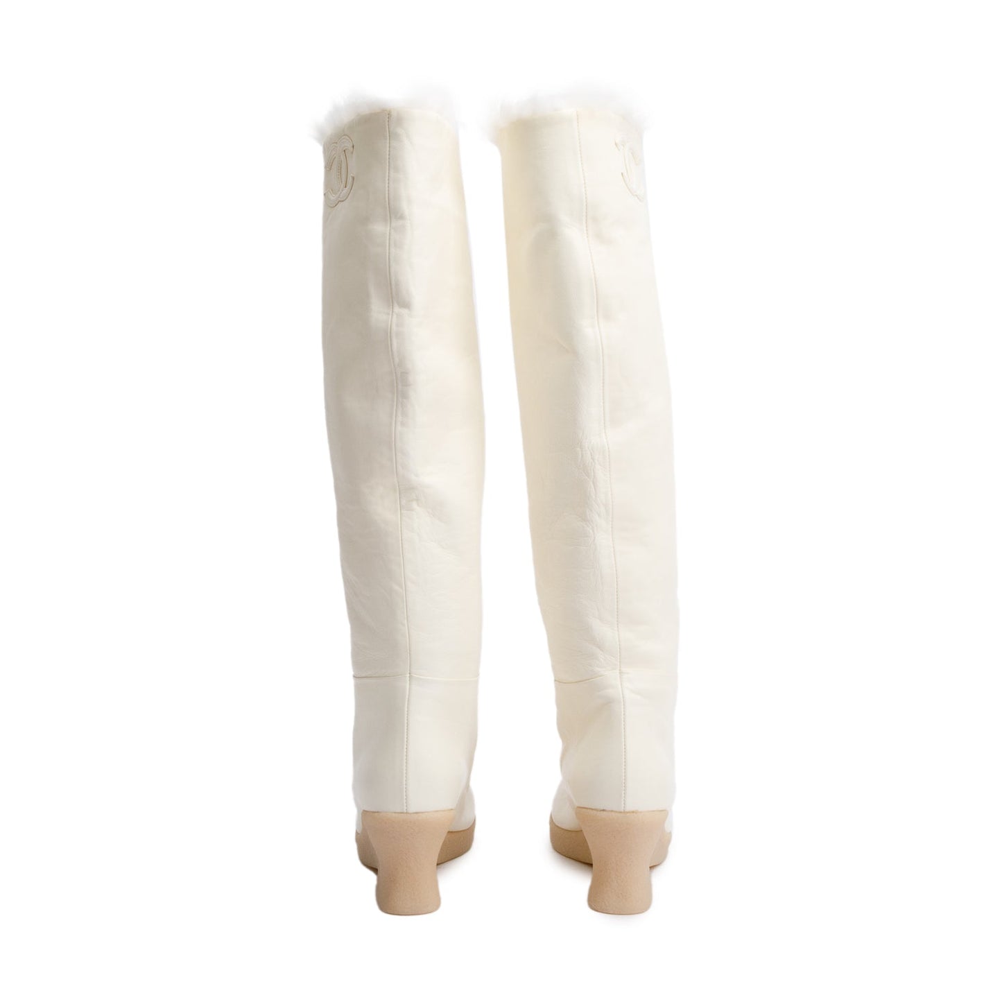 Chanel White Leather Faux Fur Interlocking CC Logo High Boots, Size 36