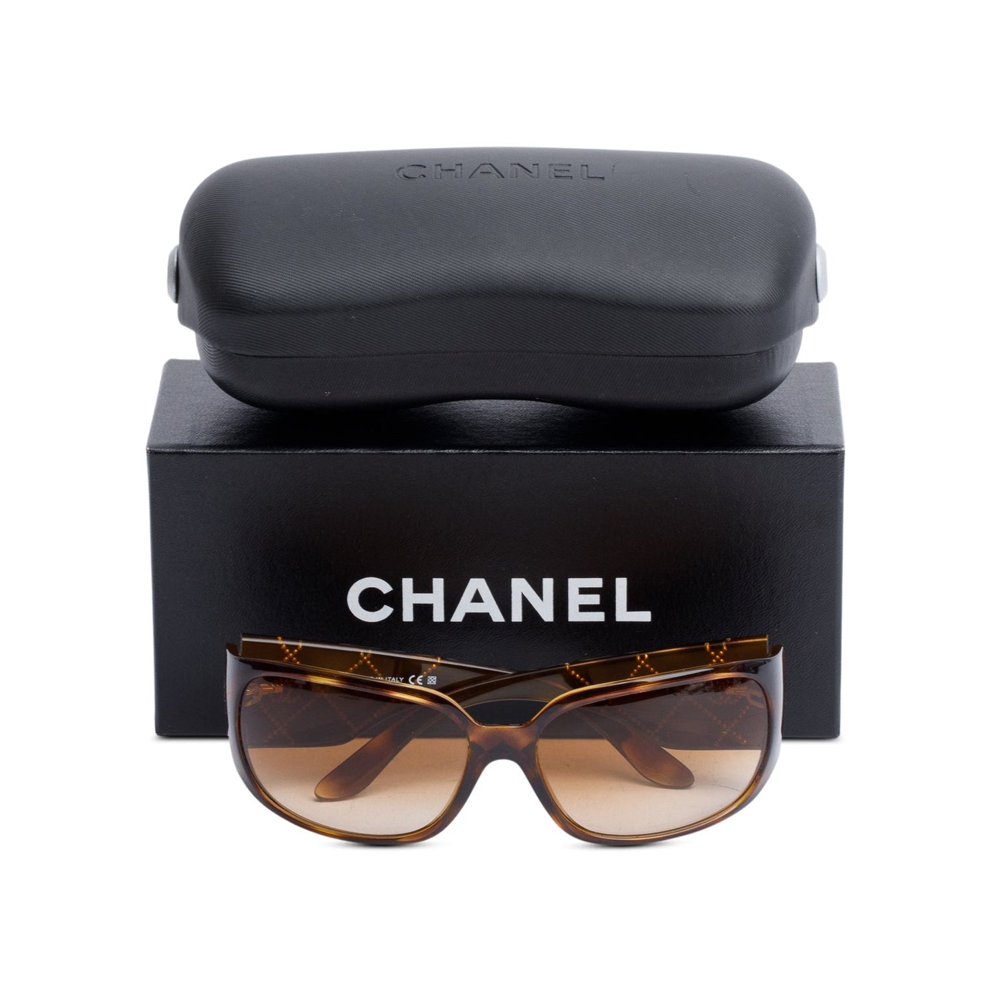 Chanel 5080-B Brown Havana Acetate Quilted Crystal CC Rectangle Sunglasses