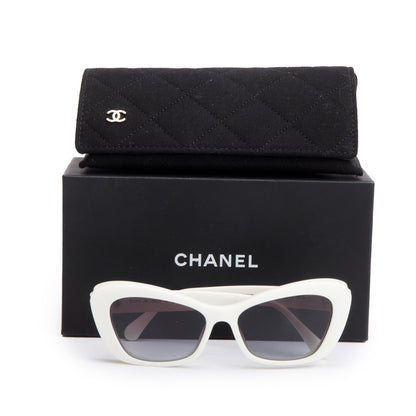 Chanel 5481-H White Acetate CC Logo Faux Pearl Cat-Eye Sunglasses