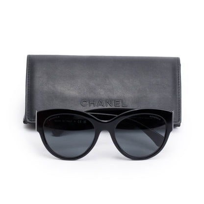 Chanel 5498-B-A Black Acetate Strass CC Logo Round Sunglasses