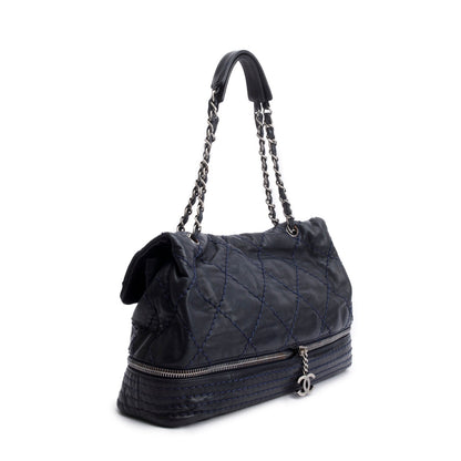 Chanel Navy Quilted Stitched Calfskin Leather Expandable Ligne Flap Bag
