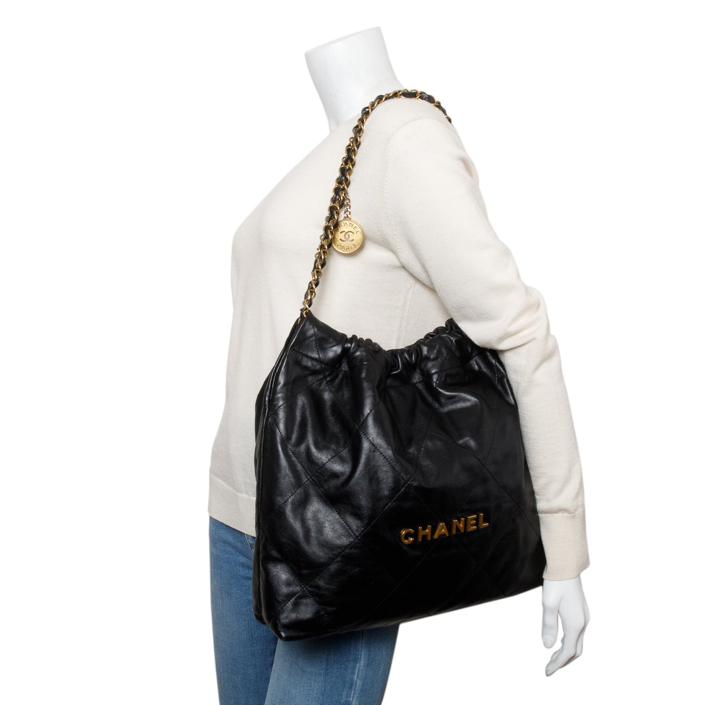 Chanel Black Shiny Calfskin Leather Small Chanel 22 Hobo