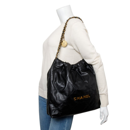 Chanel Black Shiny Calfskin Leather Small Chanel 22 Hobo