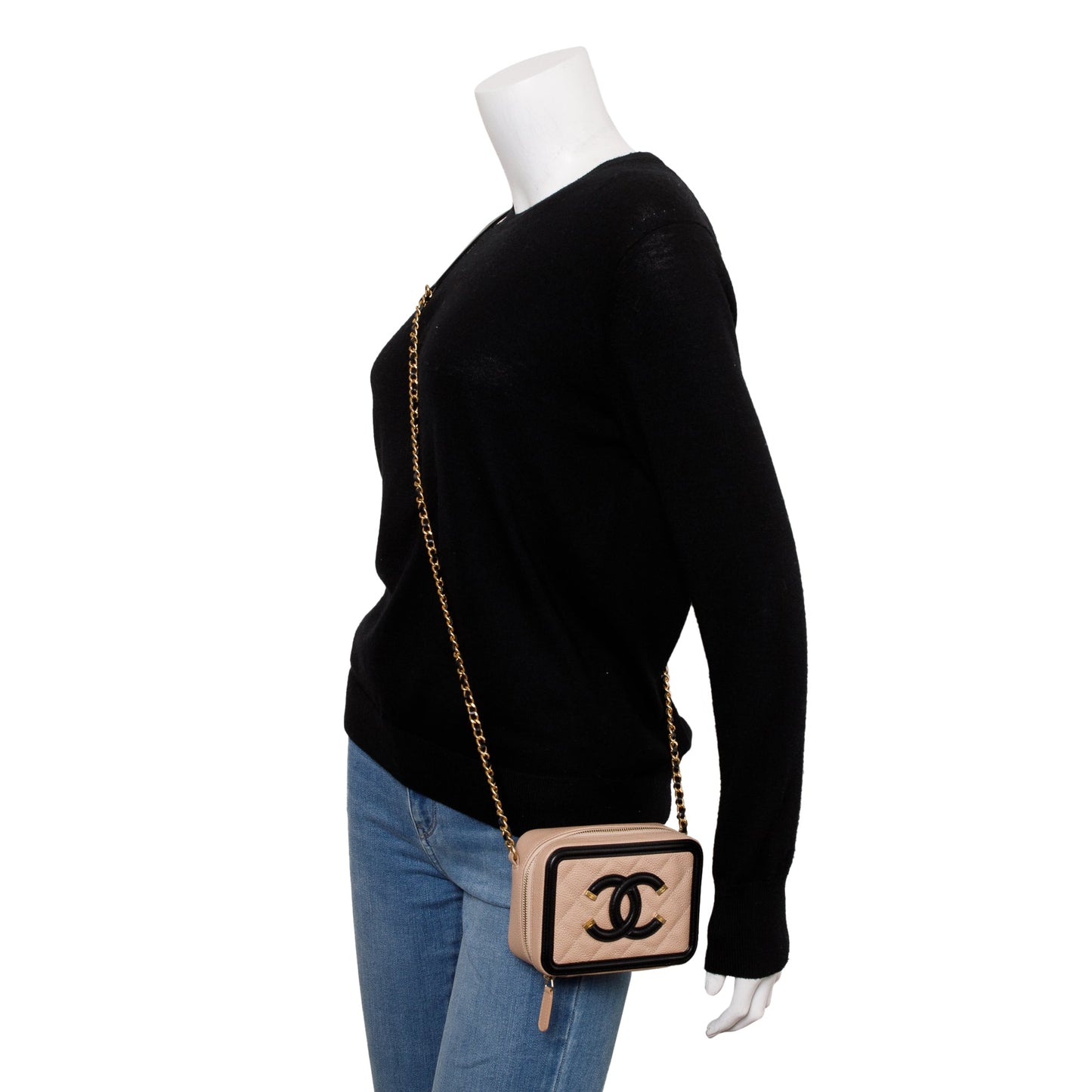 Chanel Beige Caviar Quilted Leather CC Filigree Vanity Chain Clutch