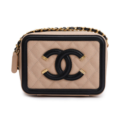 Chanel Beige Caviar Quilted Leather CC Filigree Vanity Chain Clutch