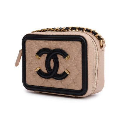 Chanel Beige Caviar Quilted Leather CC Filigree Vanity Chain Clutch