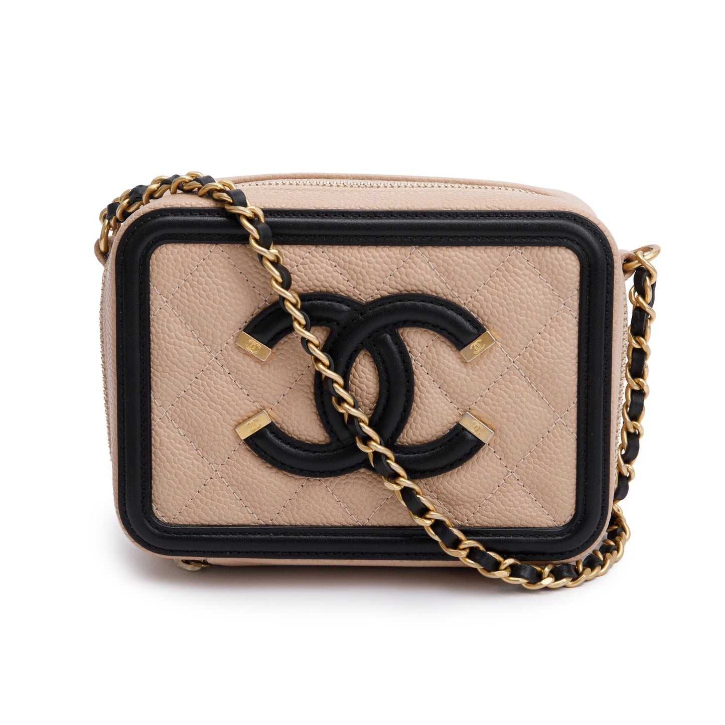 Chanel Beige Caviar Quilted Leather CC Filigree Vanity Chain Clutch