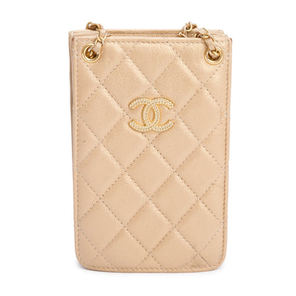Chanel Beige Iridescent Quilted Calfskin Leather CC Crossbody Phone Holder