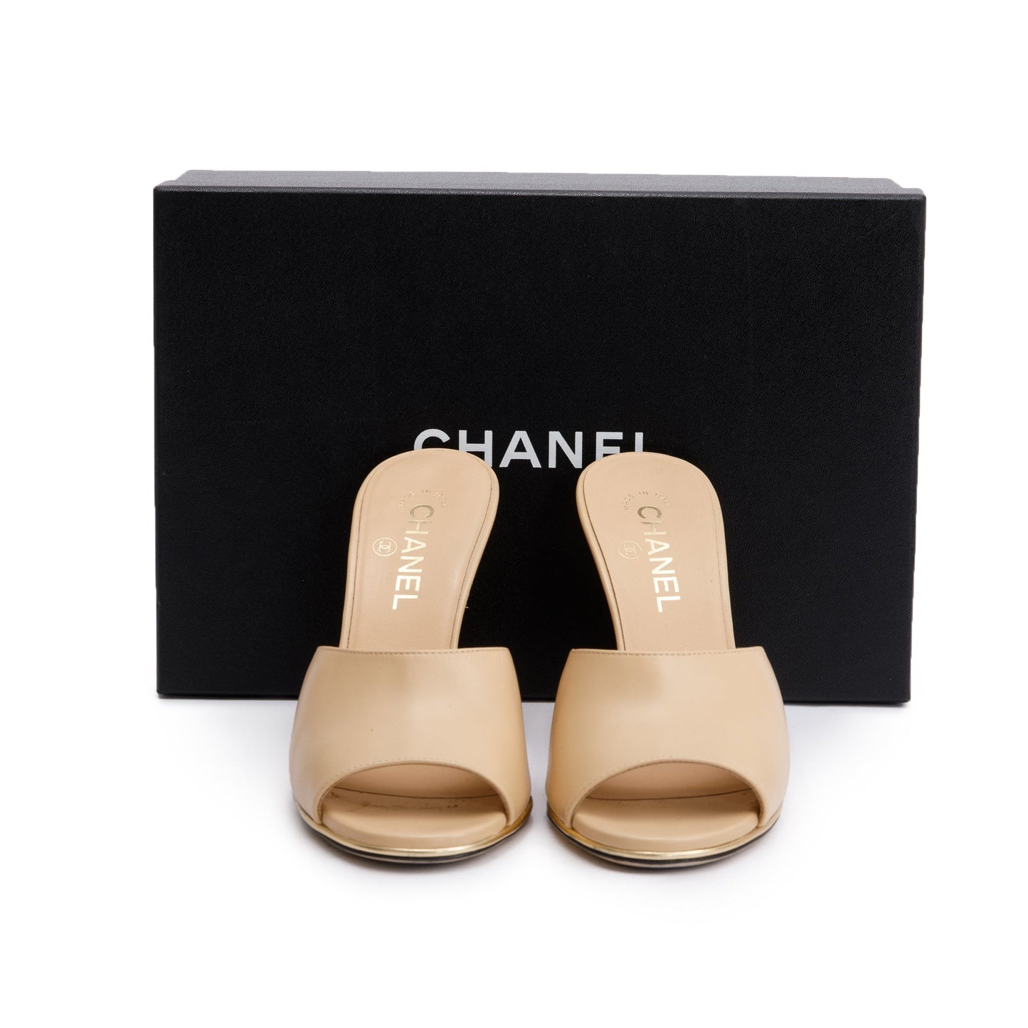 Chanel Beige Lambskin Leather Lucite CC Wedge Mules, Size 39.5