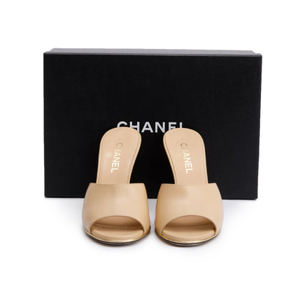 Chanel Beige Lambskin Leather Lucite CC Wedge Mules, Size 39.5