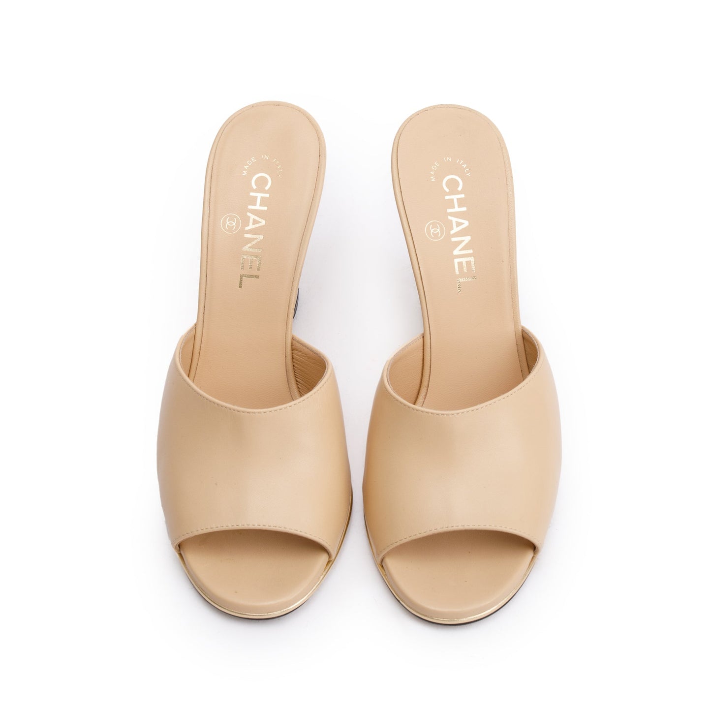 Chanel Beige Lambskin Leather Lucite CC Wedge Mules, Size 39.5