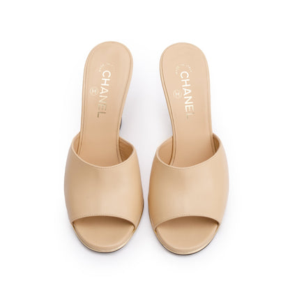 Chanel Beige Lambskin Leather Lucite CC Wedge Mules, Size 39.5