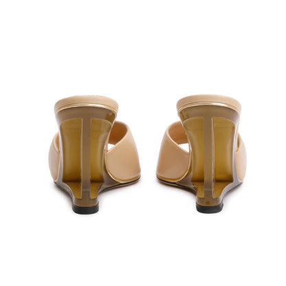 Chanel Beige Lambskin Leather Lucite CC Wedge Mules, Size 39.5