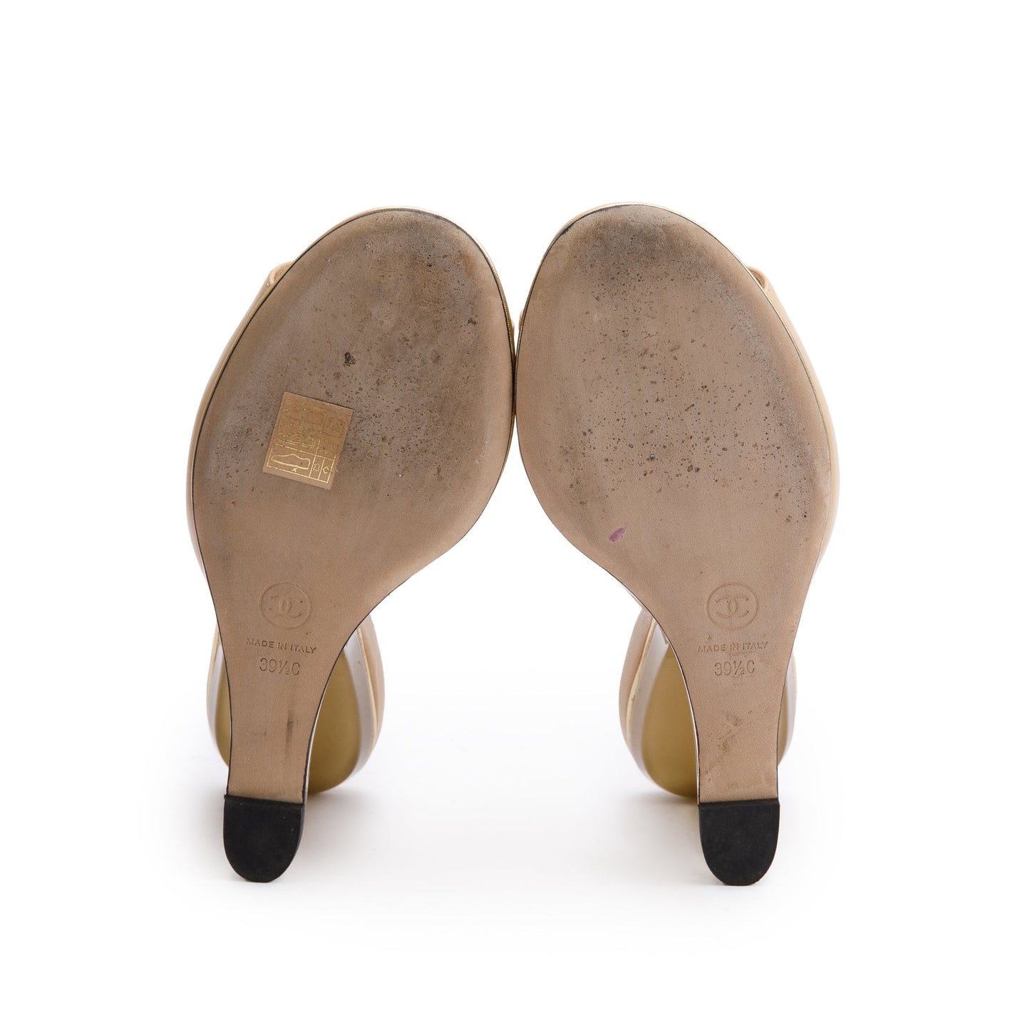 Chanel Beige Lambskin Leather Lucite CC Wedge Mules, Size 39.5