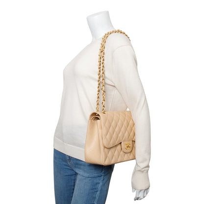 Chanel Beige Quilted Caviar Leather Classic Jumbo Double Flap Bag