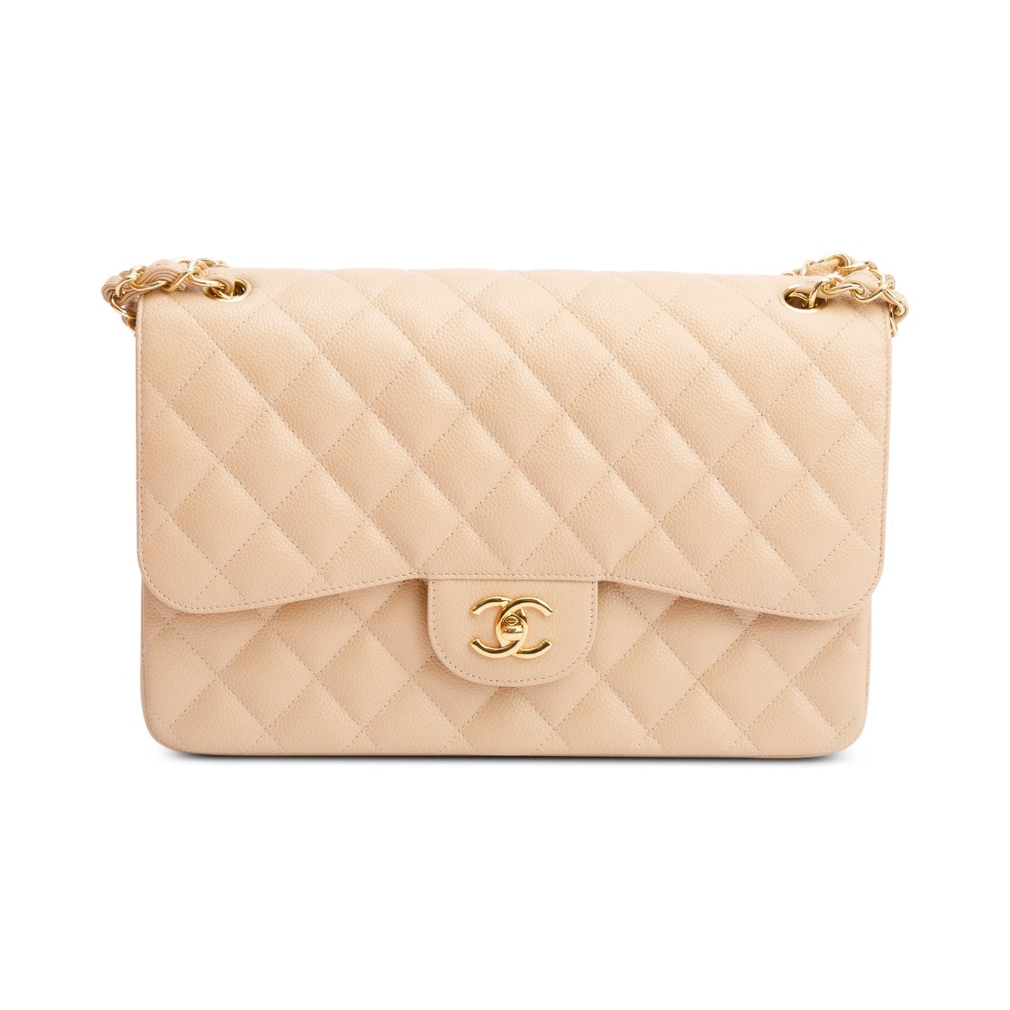 Chanel Beige Quilted Caviar Leather Classic Jumbo Double Flap Bag