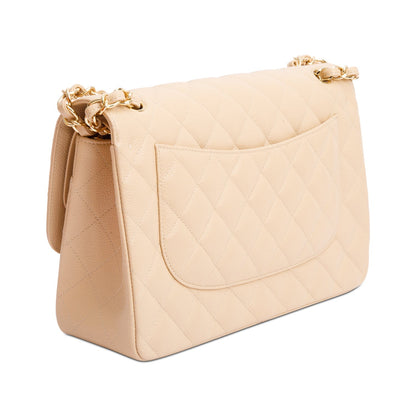 Chanel Beige Quilted Caviar Leather Classic Jumbo Double Flap Bag