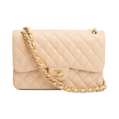 Chanel Beige Quilted Caviar Leather Classic Jumbo Double Flap Bag