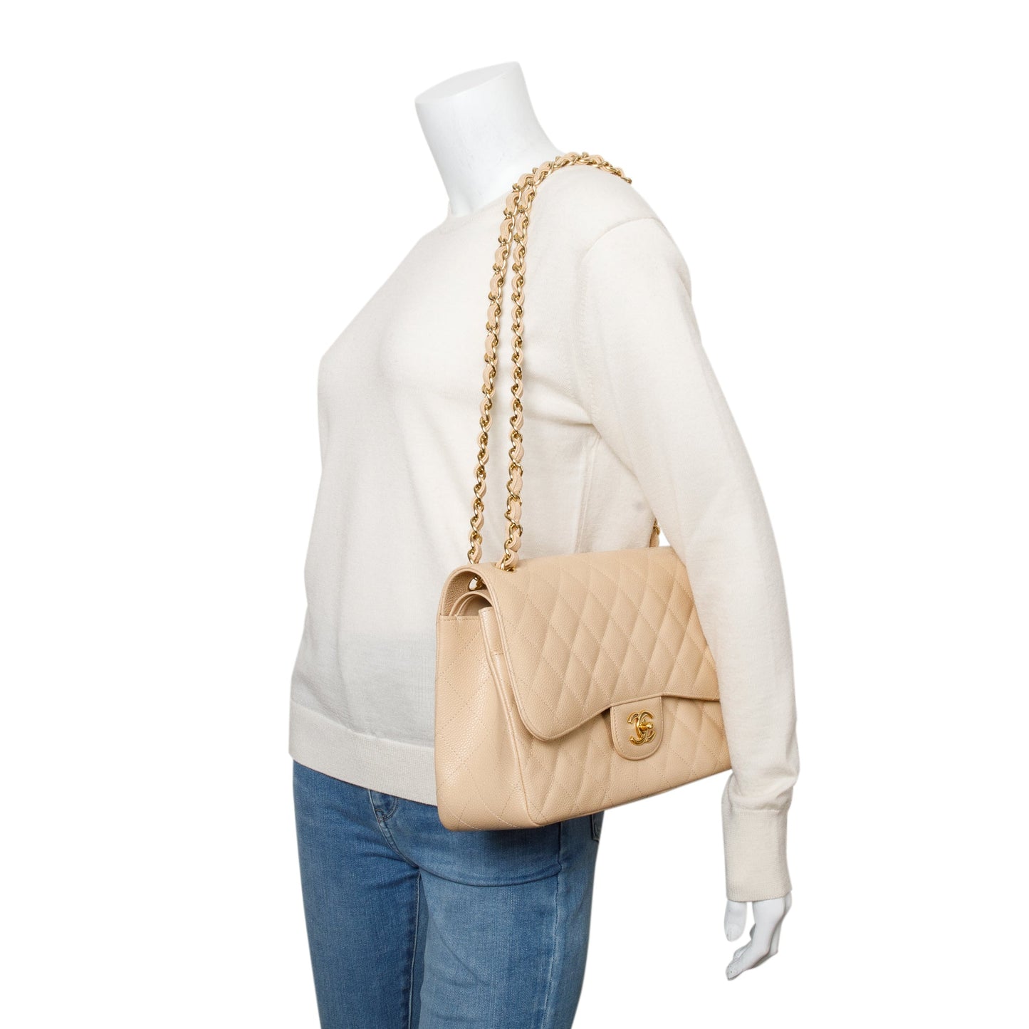 Chanel Beige Quilted Caviar Leather Classic Jumbo Double Flap Bag