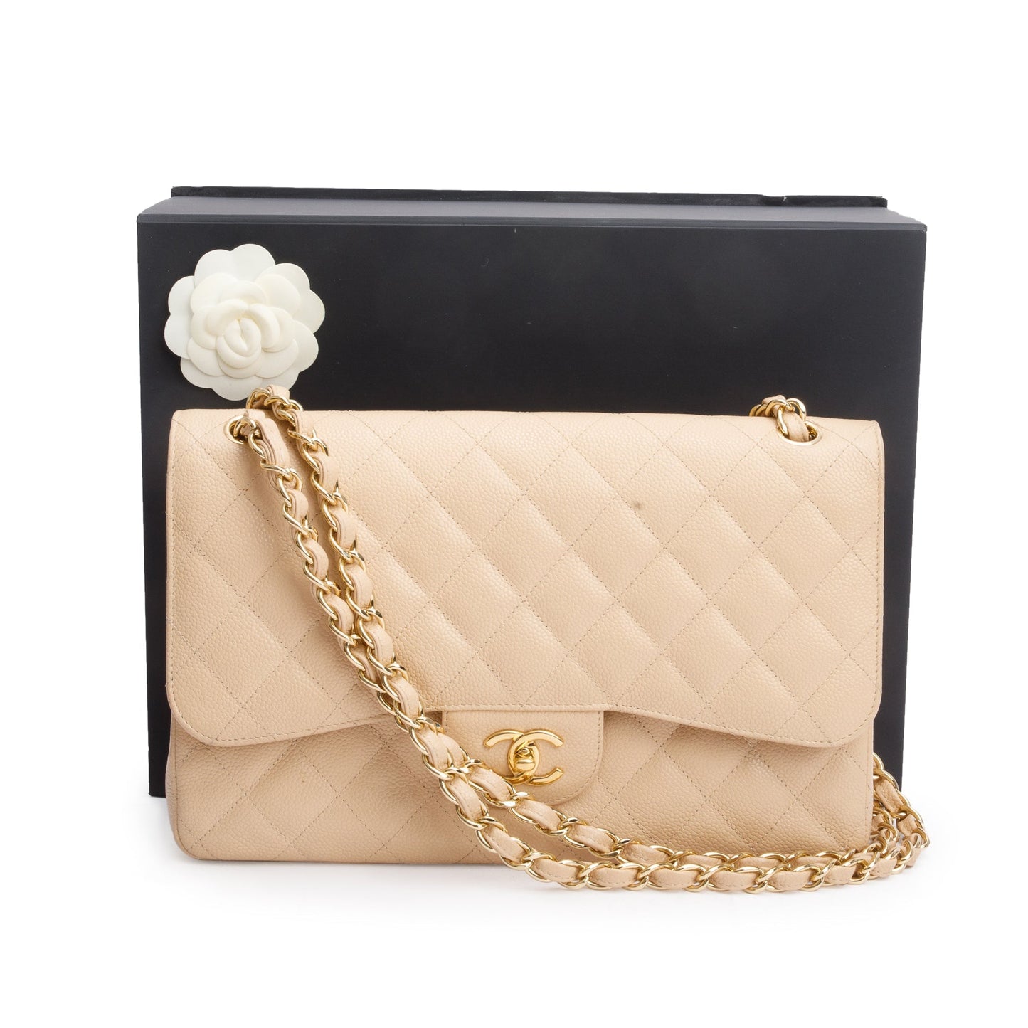 Chanel Beige Quilted Caviar Leather Classic Jumbo Double Flap Bag