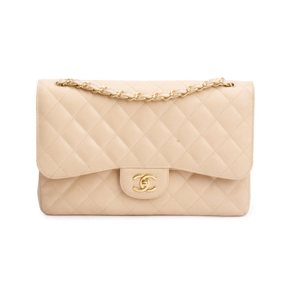 Chanel Beige Quilted Caviar Leather Classic Jumbo Double Flap Bag